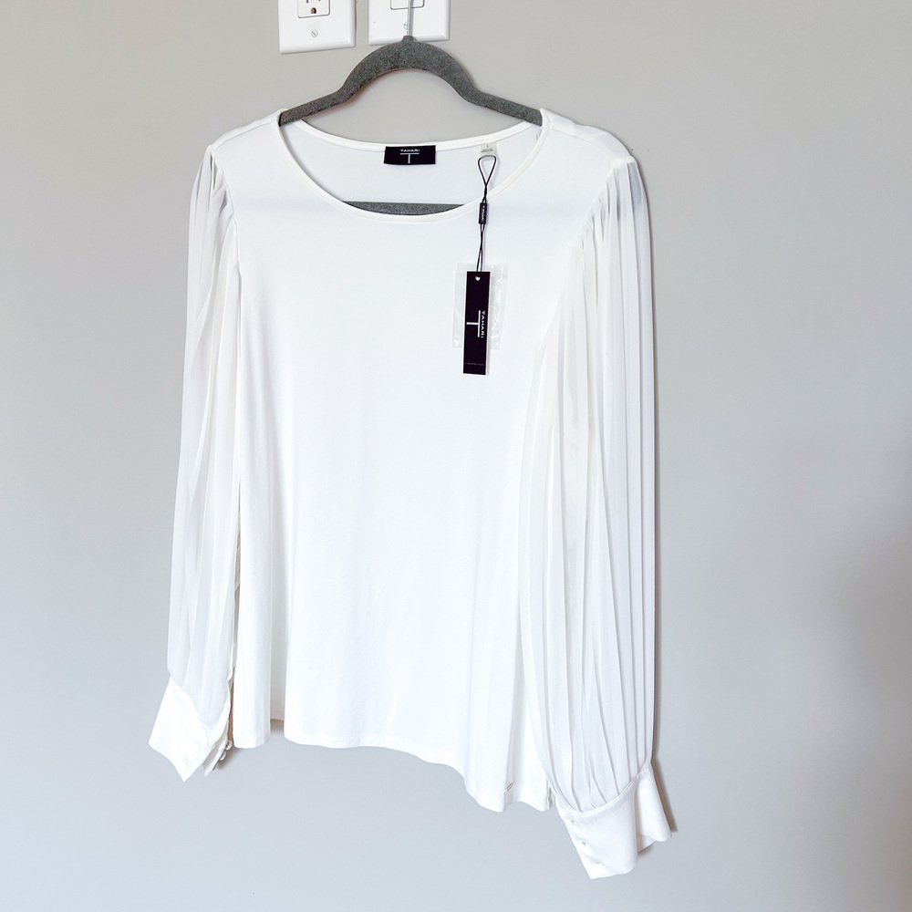$78 NEW T Tahari White Viscose Spandex Tunic Top Blouse Mixed Media L